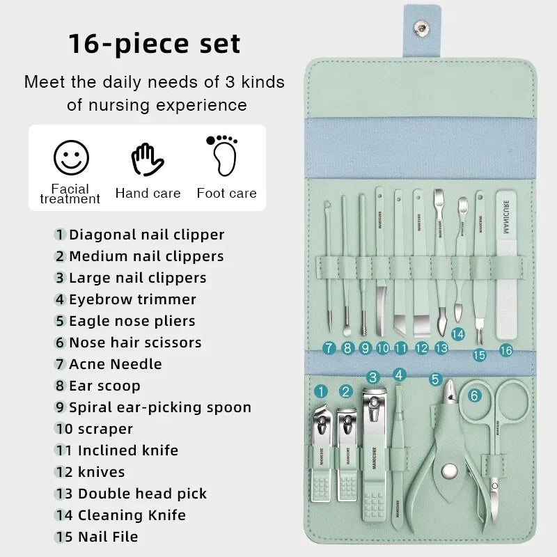 16 PCS Stainless Steel Manicure Pedicure Set – Professional Nail Grooming Kit